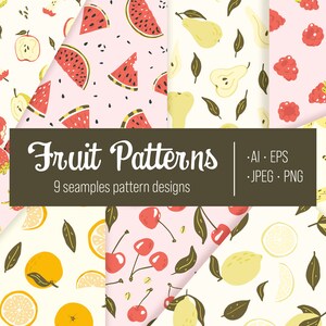 Puede incluir: Nueve diseños de patrones de frutas sin costuras que presentan varias frutas como sandía, peras, frambuesas, plátanos, limones, naranjas, cerezas, manzanas y fresas. Los patrones están sobre un fondo blanco o rosa.