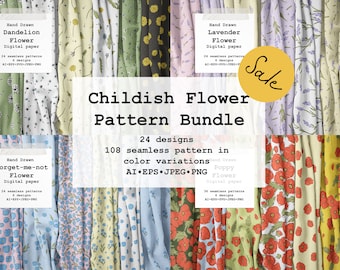Childish flower Digital Paper Set, Floral Seamless Patterns, Commercial license - JPEG, PNG and Vector Ai, EPS