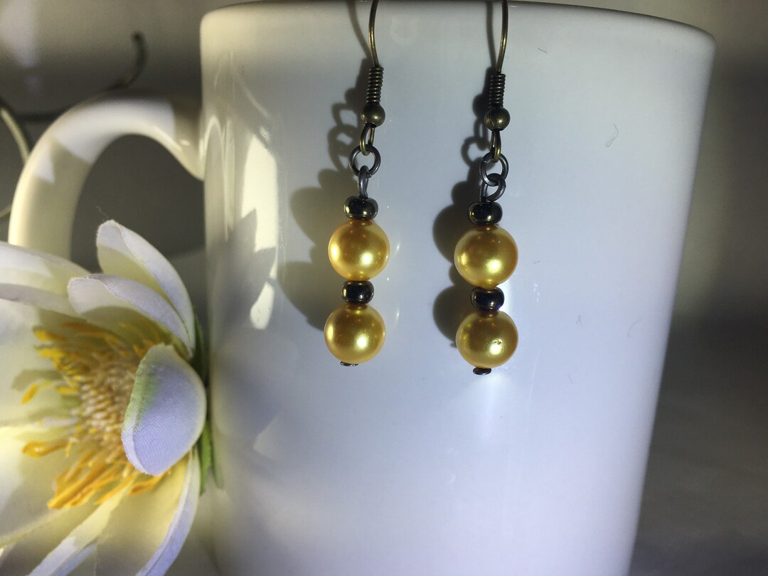 Gold South Sea Shell Pearl Earrings on Bronze Euro Wire Earrings With