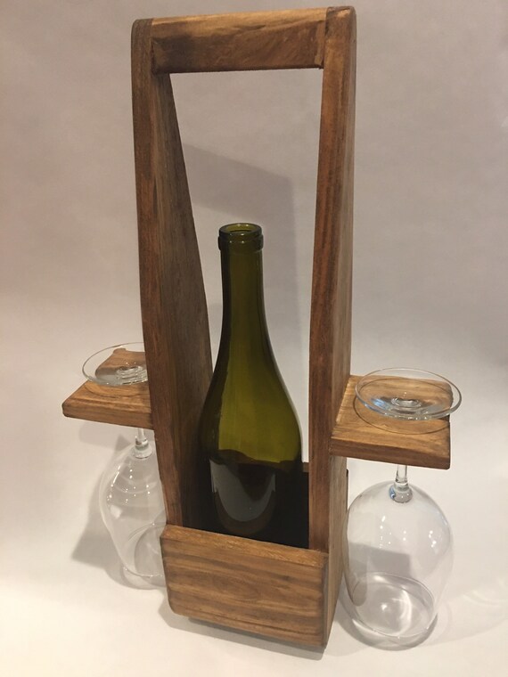 Hand Made Portable Wine Caddy With Stemmed Wine Glasses Included 