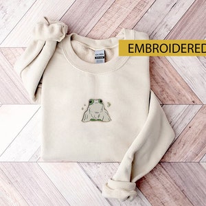 Embroidered Frog Ghost Sweatshirt Halloween Frog Crewneck Cute Fall Sweater