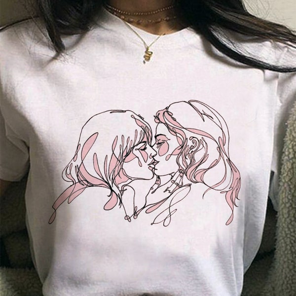 Filles s'embrassant T-shirt abstrait de dessin d'une ligne - Lgbt - Lesbienne - Dessin d'une seule ligne - T-shirt d'art - Baiser