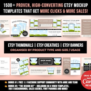 May include: A collection of digital Etsy mockup templates featuring various layouts for thumbnails, banners, and creatives. The graphics include placeholders for product titles, business names, and customer reviews, with text labels like 'WHAT DO I GET EXACTLY?' and 'HEAR FROM OUR CUSTOMERS'.