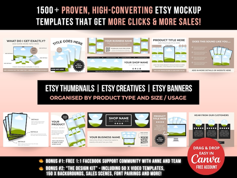 May include: A collection of digital Etsy mockup templates featuring various layouts for thumbnails, banners, and creatives. The graphics include placeholders for product titles, business names, and customer reviews, with text labels like 'WHAT DO I GET EXACTLY?' and 'HEAR FROM OUR CUSTOMERS'.