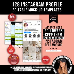 128 Instagram Profile Editable Feed MockUp Templates, Canva Instagram Templates for Reel & Posts, Social Media Feed Planner MockUp Templates