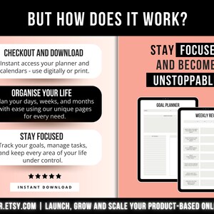 Peut inclure: Une infographie de planificateur num&eacute;rique sur fond p&ecirc;che et blanc. Le texte inclut BUT HOW DOES IT WORK?, CHECKOUT AND DOWNLOAD, ORGANISE YOUR LIFE, STAY FOCUSED, STAY FOCUSED AND BECOME UNSTOPPABLE, INSTANT DOWNLOAD, et UPSTRIDER.ETSY.COM.