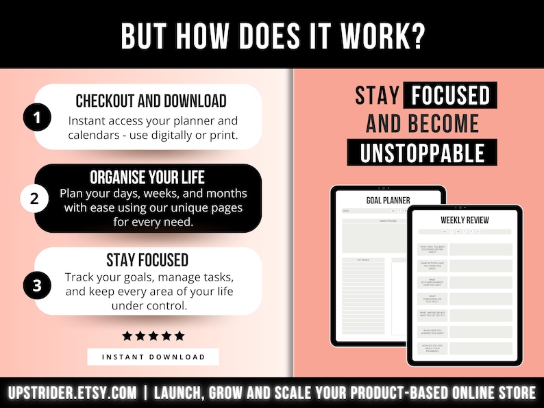 Peut inclure: Une infographie de planificateur num&eacute;rique sur fond p&ecirc;che et blanc. Le texte inclut BUT HOW DOES IT WORK?, CHECKOUT AND DOWNLOAD, ORGANISE YOUR LIFE, STAY FOCUSED, STAY FOCUSED AND BECOME UNSTOPPABLE, INSTANT DOWNLOAD, et UPSTRIDER.ETSY.COM.