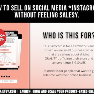 Pu&ograve; includere: Una scheda didattica digitale intitolata How to Sell on Social Media Instagram Without Feeling Salesy. Presenta un badge rosso 84,000+ sales, una valutazione a cinque stelle e un testo che spiega il pubblico di riferimento per le piccole imprese.