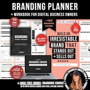 Peut inclure: Un planificateur et cahier d'exercices de branding pour propriétaires d'entreprises numériques, avec une couverture noire, un ordinateur portable affichant un cours de branding et plusieurs mises en page en noir et blanc. Le texte inclut Branding Planner + Workbook, Build an Irresistible Brand That Stands Out + Sells Out, et A4 | A5 | US Letter.