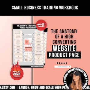 May include: A digital small business training workbook titled The Anatomy of a High Converting Website Product Page. The document features a diagram with arrows pointing to page elements, a 181,000+ sales badge, and an August 2026 version label.