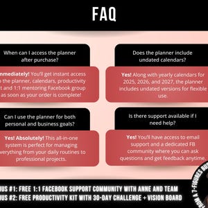 Peut inclure: Un graphique FAQ sur fond rose clair avec quatre zones de texte noires et rouges. Le texte traite de l'acc&egrave;s au planificateur, des calendriers non dat&eacute;s pour 2025-2027, de la gestion des objectifs et du support. Inclut des d&eacute;tails sur les bonus.