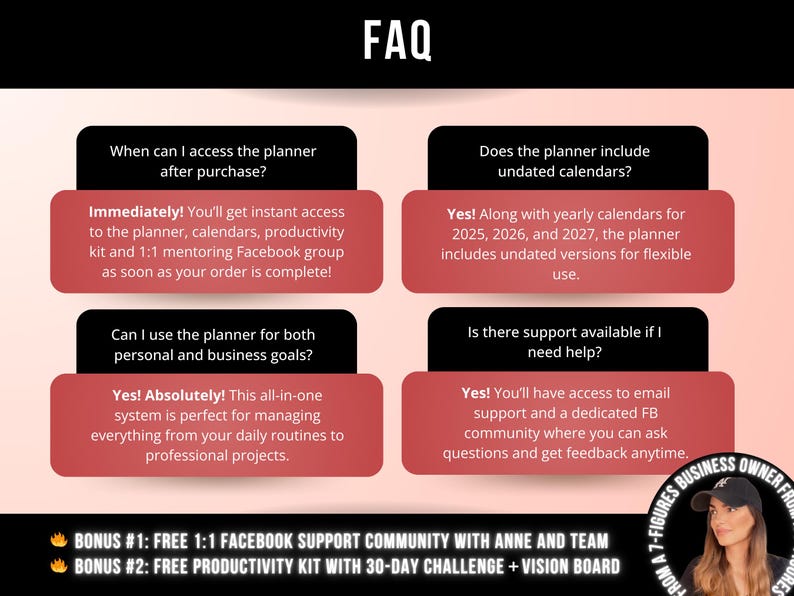 Peut inclure: Un graphique FAQ sur fond rose clair avec quatre zones de texte noires et rouges. Le texte traite de l'acc&egrave;s au planificateur, des calendriers non dat&eacute;s pour 2025-2027, de la gestion des objectifs et du support. Inclut des d&eacute;tails sur les bonus.