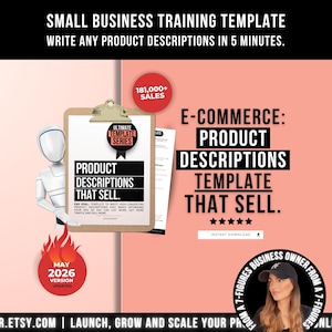 Puede incluir: Imagen que promociona una plantilla de descripción de productos de comercio electrónico. Muestra una carpeta con el texto "PRODUCT DESCRIPTIONS THAT SELL" y un robot. También se muestra el texto "E-COMMERCE: PRODUCT DESCRIPTIONS TEMPLATE THAT SELL". La imagen incluye el texto "MAY 2026 VERSION UPDATED".
