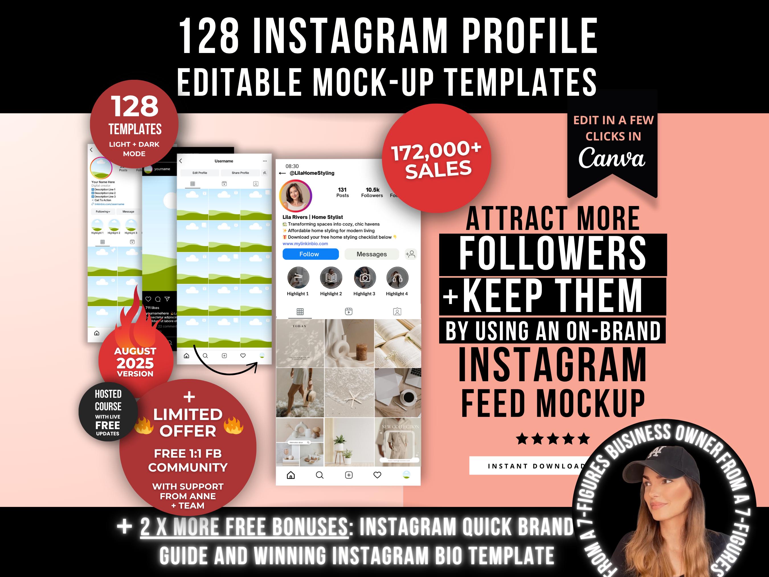 128 Instagram Profile Editable Feed MockUp Templates, Canva Instagram Templates for Reel & Posts, Social Media Feed Planner MockUp Templates