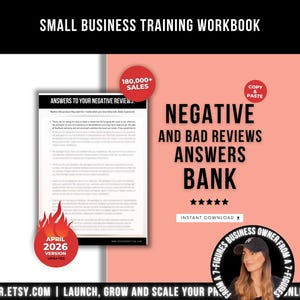 Puede incluir: Un libro de trabajo titulado "Small Business Training Workbook" con el texto "Negative and Bad Reviews Answers Bank". La imagen incluye un documento con el texto "Answers to Your Negative Reviews". Un círculo rojo indica "180.000+ VENTAS".