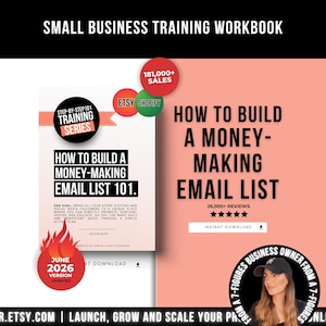 Könnte beinhalten: Ein digitales Trainings-Arbeitsbuch mit dem Titel How to Build a Money-Making Email List 101. Das Cover hat ein pfirsichfarbenes und weißes Design mit schwarzem Text, roten runden Abzeichen für 181.000+ Verkäufe und einem Update-Label für Juni 2026.