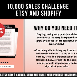 May include: An advertisement for a digital product, featuring the text "10,000 Sales Challenge Etsy and Shopify." It includes a red circle with "84,000+ SALES" and a flashcard with "Instant Download."