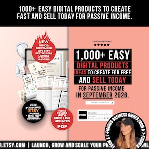 May include: A digital marketing graphic featuring the text 1000+ EASY DIGITAL PRODUCTS TO CREATE FAST AND SELL TODAY FOR PASSIVE INCOME. The image displays various document templates, a stylized figure, and a person wearing a black baseball cap.