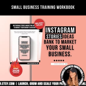 Puede incluir: Un cuaderno de trabajo rosa titulado "Small Business Training Workbook" con el texto "Instagram Stories Ideas Bank to Market Your Small Business." Incluye un gráfico de teléfono y una mujer con sombrero. Descarga instantánea.