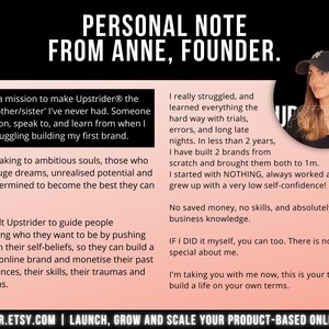 Puede incluir: Un gr&aacute;fico digital que presenta una nota personal de Anne, fundadora de Upstrider. El texto detalla una misi&oacute;n para guiar a personas ambiciosas en la creaci&oacute;n de marcas en l&iacute;nea. Se incluye un retrato circular de una persona con gorra negra.