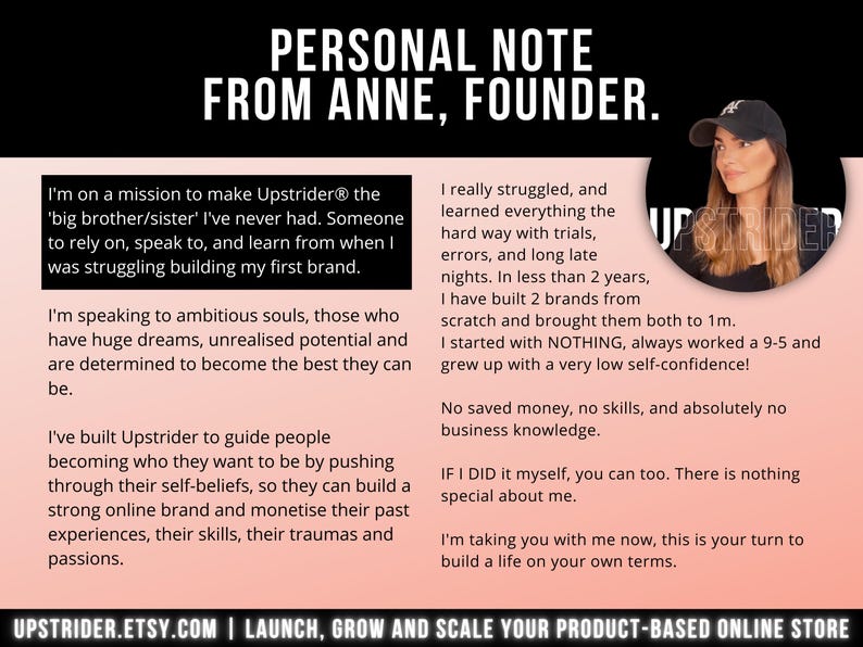 Puede incluir: Un gr&aacute;fico digital que presenta una nota personal de Anne, fundadora de Upstrider. El texto detalla una misi&oacute;n para guiar a personas ambiciosas en la creaci&oacute;n de marcas en l&iacute;nea. Se incluye un retrato circular de una persona con gorra negra.