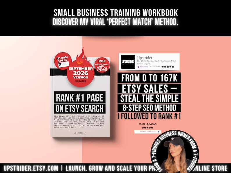 Puede incluir: Un libro de trabajo digital titulado Small Business Training Workbook con el texto Rank #1 Page on Etsy Search, September 2026 Version y From 0 to 167k Etsy Sales. El gr&aacute;fico incluye el logo de Upstrider, una persona con gorra y estrellas.