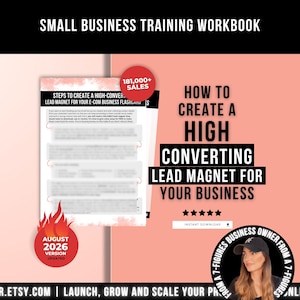 Könnte beinhalten: Ein Trainingsarbeitsbuch für kleine Unternehmen mit pfirsichfarbenem Hintergrund. Der Text lautet: SMALL BUSINESS TRAINING WORKBOOK, HOW TO CREATE A HIGH CONVERTING LEAD MAGNET FOR YOUR BUSINESS, 181,000+ SALES, AUGUST 2026 VERSION UPDATED und INSTANT DOWNLOAD.