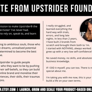 May include: A promotional graphic with the text "NOTE FROM UPSTRIDER FOUNDER" at the top. The image includes text about building an online brand and a photo of a woman wearing a hat. The website address is also included.