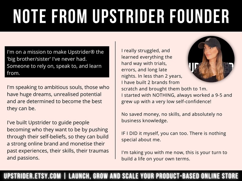 May include: A promotional graphic with the text "NOTE FROM UPSTRIDER FOUNDER" at the top. The image includes text about building an online brand and a photo of a woman wearing a hat. The website address is also included.