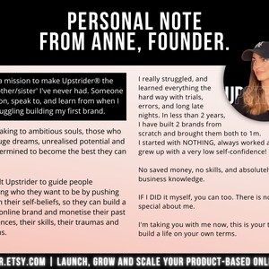Pu&ograve; includere: Una nota personale di Anne, fondatrice di Upstrider, con un ritratto circolare della fondatrice che indossa un berretto da baseball nero. Il testo descrive la missione di guidare persone ambiziose nella creazione di marchi online.