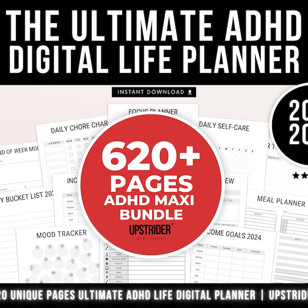 ADHD Digital Planner Adult, ADHD Printable Daily Planner, Ultimate ADHD Life Bundle Planner for Adult, Productivity 2023 Digital Planner