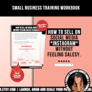 Pu&ograve; includere: Un manuale di formazione per piccole imprese intitolato How to Sell on Social Media Instagram Without Feeling Salesy. Il documento include un diagramma di flusso, un badge di 181.000+ vendite, un'icona a fiamma e cinque stelle.