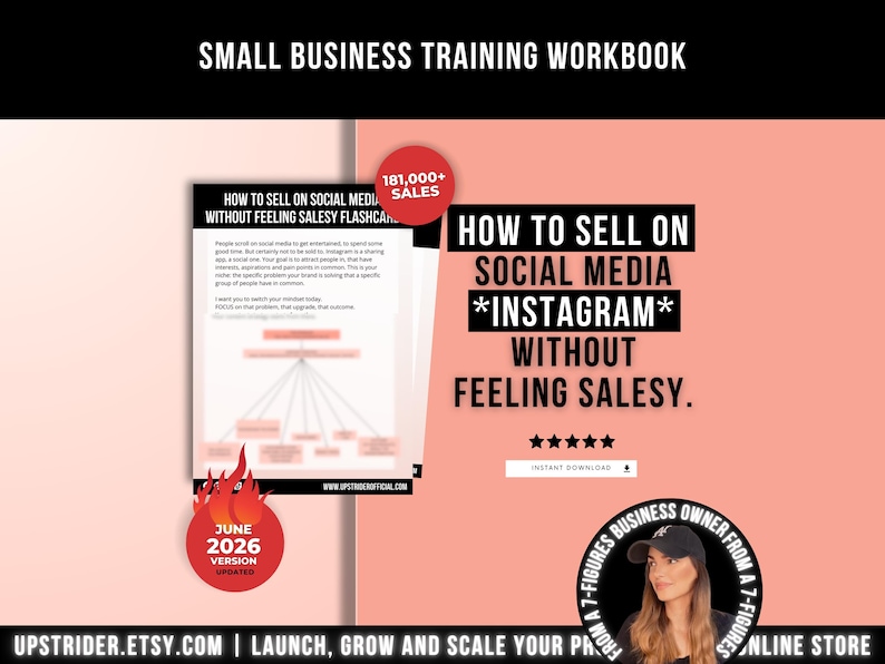 Pu&ograve; includere: Un manuale di formazione per piccole imprese intitolato How to Sell on Social Media Instagram Without Feeling Salesy. Il documento include un diagramma di flusso, un badge di 181.000+ vendite, un'icona a fiamma e cinque stelle.