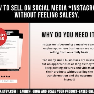 以下が含まれることがあります： How to Sell on Social Media Instagram Without Feeling Salesyというタイトルのデジタルガイド。84,000+ Salesと書かれた赤い円形のバッジ、5つの黒い星、そしてInstagramがビジネスにとって検索エンジンである理由を説明するテキストが含まれています。