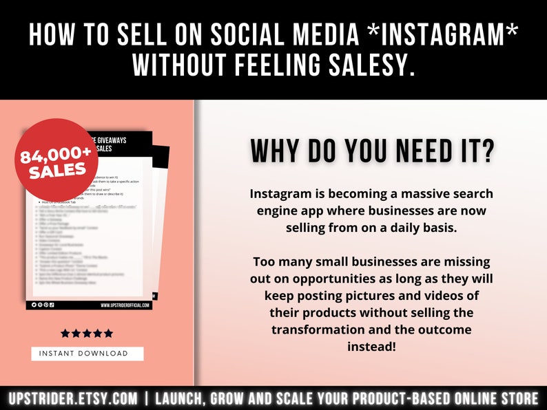 以下が含まれることがあります： How to Sell on Social Media Instagram Without Feeling Salesyというタイトルのデジタルガイド。84,000+ Salesと書かれた赤い円形のバッジ、5つの黒い星、そしてInstagramがビジネスにとって検索エンジンである理由を説明するテキストが含まれています。