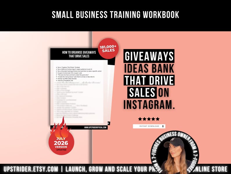 以下が含まれることがあります： Giveaways Ideas Bank That Drive Sales On Instagramというタイトルの小規模ビジネス向けトレーニングワークブック。このドキュメントには、プレゼント企画の戦略リスト、181,000件以上の販売バッジ、2026年7月版の炎のアイコン、5つ星の評価グラフィックが含まれています。