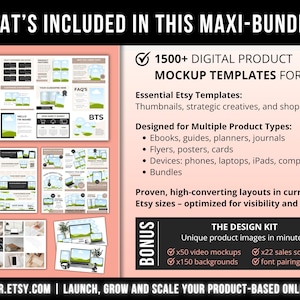 May include: A digital product bundle for Etsy featuring over 1500 mockup templates for ebooks, planners, and devices. The graphic includes text detailing essential templates, design kits, video mockups, backgrounds, and font guides for online stores.