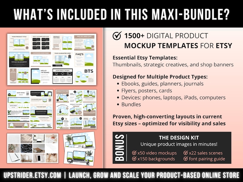 May include: A digital product bundle for Etsy featuring over 1500 mockup templates for ebooks, planners, and devices. The graphic includes text detailing essential templates, design kits, video mockups, backgrounds, and font guides for online stores.