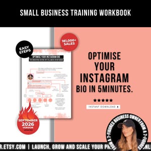 May include: A digital small business training workbook titled Optimise Your Instagram Bio in 5 Minutes. The document features a peach-colored background, black text, and circular badges indicating 181,000+ sales, easy steps, and a September 2026 version.