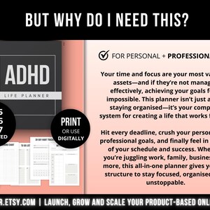 Peut inclure: Un agenda ADHD noir &agrave; reliure spirale, affichant les ann&eacute;es 2025, 2026, 2027 et des options non dat&eacute;es. Le visuel inclut le texte BUT WHY DO I NEED THIS? et FOR PERSONAL + PROFESSIONAL USE, pr&eacute;cisant qu'il est imprimable ou utilisable num&eacute;riquement.