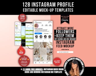 128 Instagram Profile Editable Feed MockUp Templates, Canva Instagram Templates for Reel & Posts, Social Media Feed Planner MockUp Templates