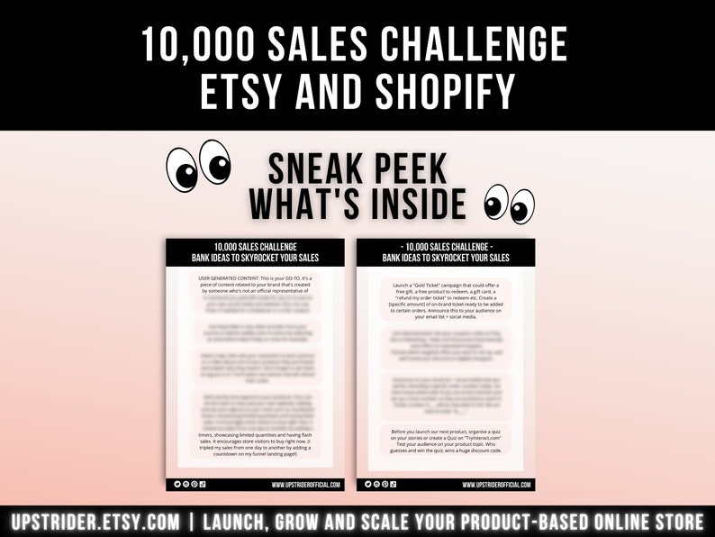 May include: A promotional graphic with the text "10,000 Sales Challenge Etsy and Shopify." The image includes the text "Sneak Peek What's Inside" and two panels with text about boosting sales. The bottom of the image includes the website address and Etsy shop URL.