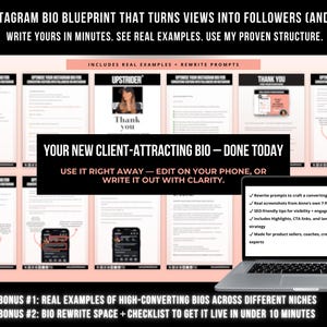 May include: A digital guide titled The Instagram Bio Blueprint that turns views into followers and sales. It includes real examples, rewrite prompts, and a checklist for creating a client-attracting bio, displayed on a laptop screen and printed pages.