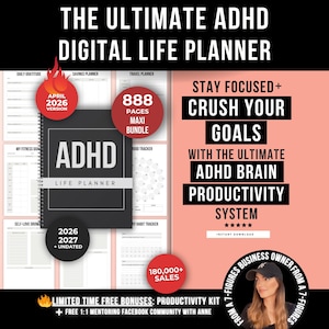 Può includere: Un pianificatore di vita digitale con il testo "THE ULTIMATE ADHD DIGITAL LIFE PLANNER". Il pianificatore include sezioni per la pianificazione quotidiana, le revisioni settimanali e il monitoraggio degli obiettivi. La copertina recita "ADHD LIFE PLANNER" e include gli anni 2026 e 2027.