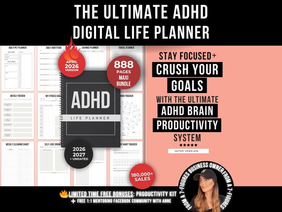 ADHD Digital Planner Adult, ADHD Printable Daily Planner, Ultimate ADHD Life Bundle Planner for Adult, Productivity 2026 Digital Planner