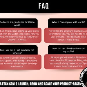 May include: An FAQ graphic with a light pink background featuring four black and red text boxes. The text addresses questions about audience size, writing skills, product versus service sales, and update speed. A small circular photo of a person in a cap is in the bottom right corner.