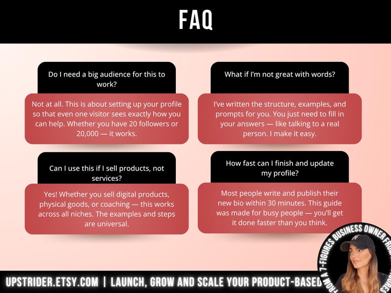 May include: An FAQ graphic with a light pink background featuring four black and red text boxes. The text addresses questions about audience size, writing skills, product versus service sales, and update speed. A small circular photo of a person in a cap is in the bottom right corner.