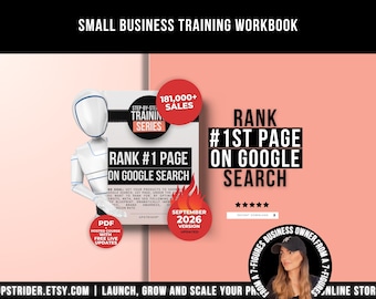 Op de afbeelding: Een trainingswerkboek voor kleine bedrijven met een witte kaft met de tekst Rank #1 Page On Google Search, een 181,000+ sales badge en een September 2026 version badge. Een witte etalagepop staat naast het boek en de tekst Rank #1 Page On Google Search verschijnt in grote zwarte letters op een perzikkleurige achtergrond.