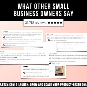 May include: A graphic display featuring the text WHAT OTHER SMALL BUSINESS OWNERS SAY above a box showing 23,718 reviews with five stars. Multiple white rectangular customer review cards are arranged below, with the text UPSTRIDER.ETSY.COM at the bottom.