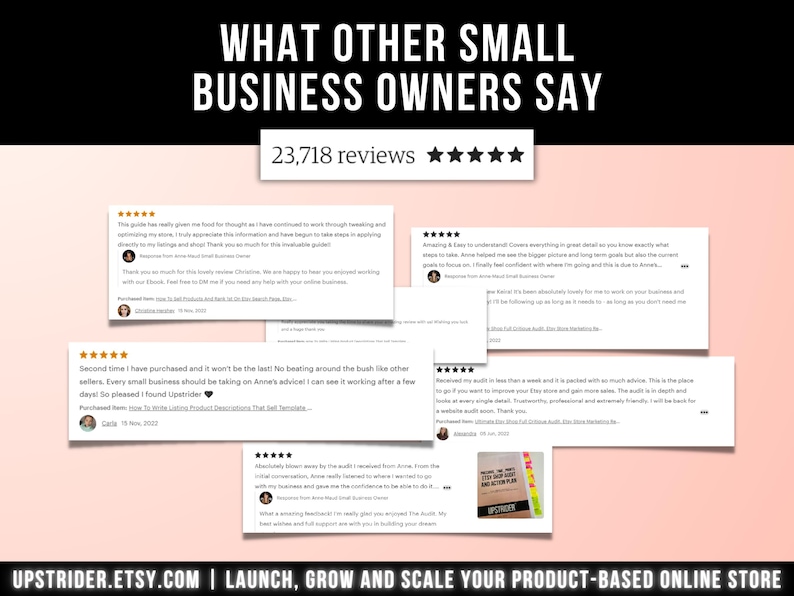 May include: A graphic display featuring the text WHAT OTHER SMALL BUSINESS OWNERS SAY above a box showing 23,718 reviews with five stars. Multiple white rectangular customer review cards are arranged below, with the text UPSTRIDER.ETSY.COM at the bottom.